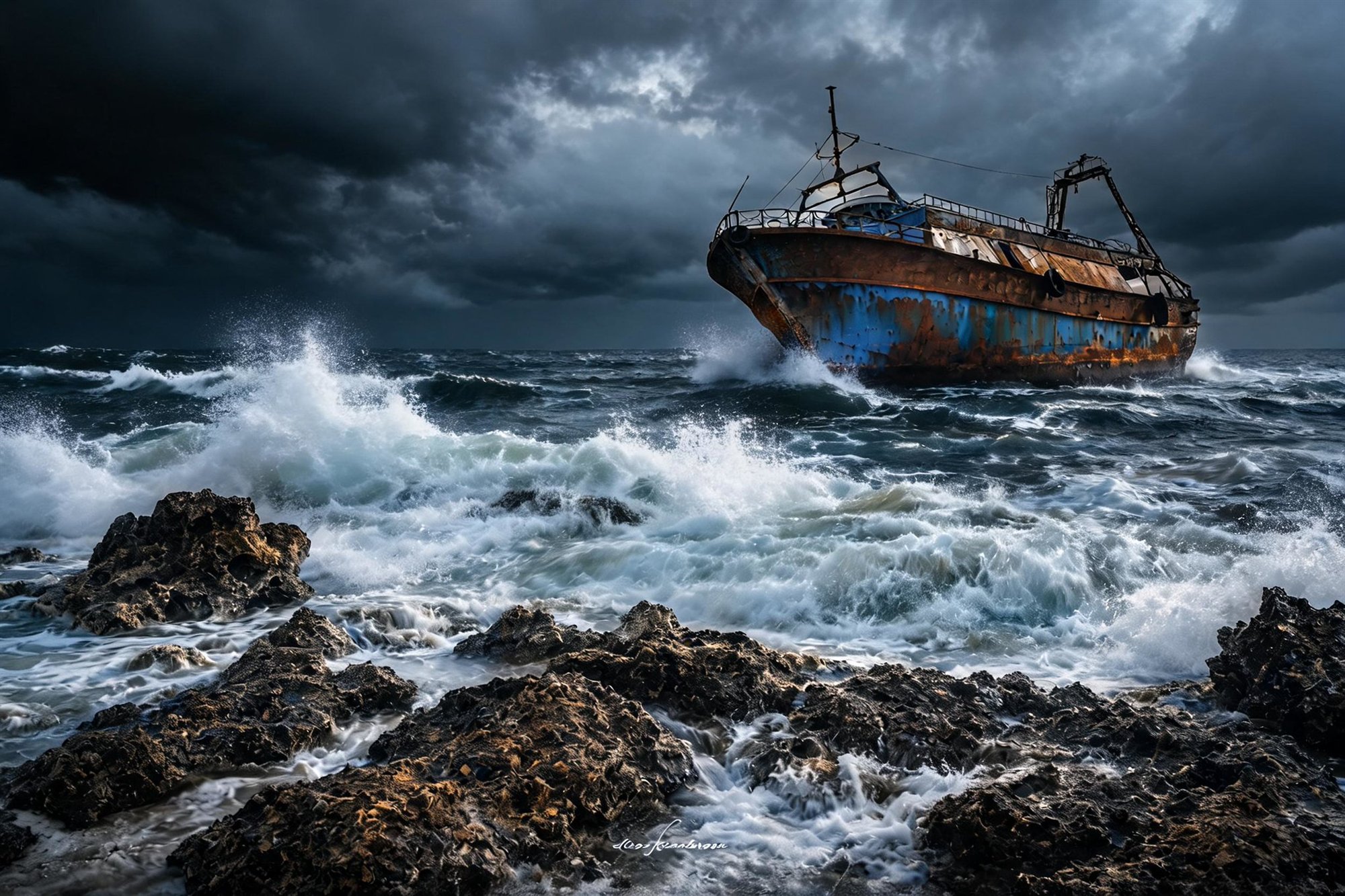 Relitto arrugginito di una nave inclinato in un mare in tempesta sotto nuvole nere