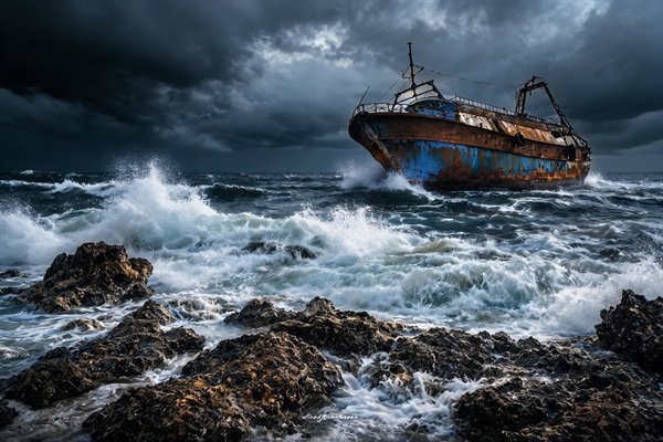 Relitto arrugginito di una nave inclinato in un mare in tempesta sotto nuvole nere